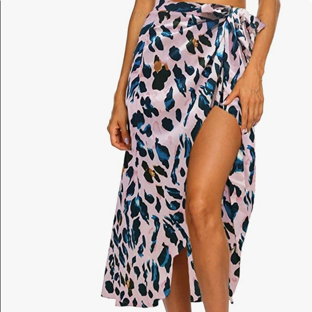EUC true wrap skirt pink with blue, tan animal print